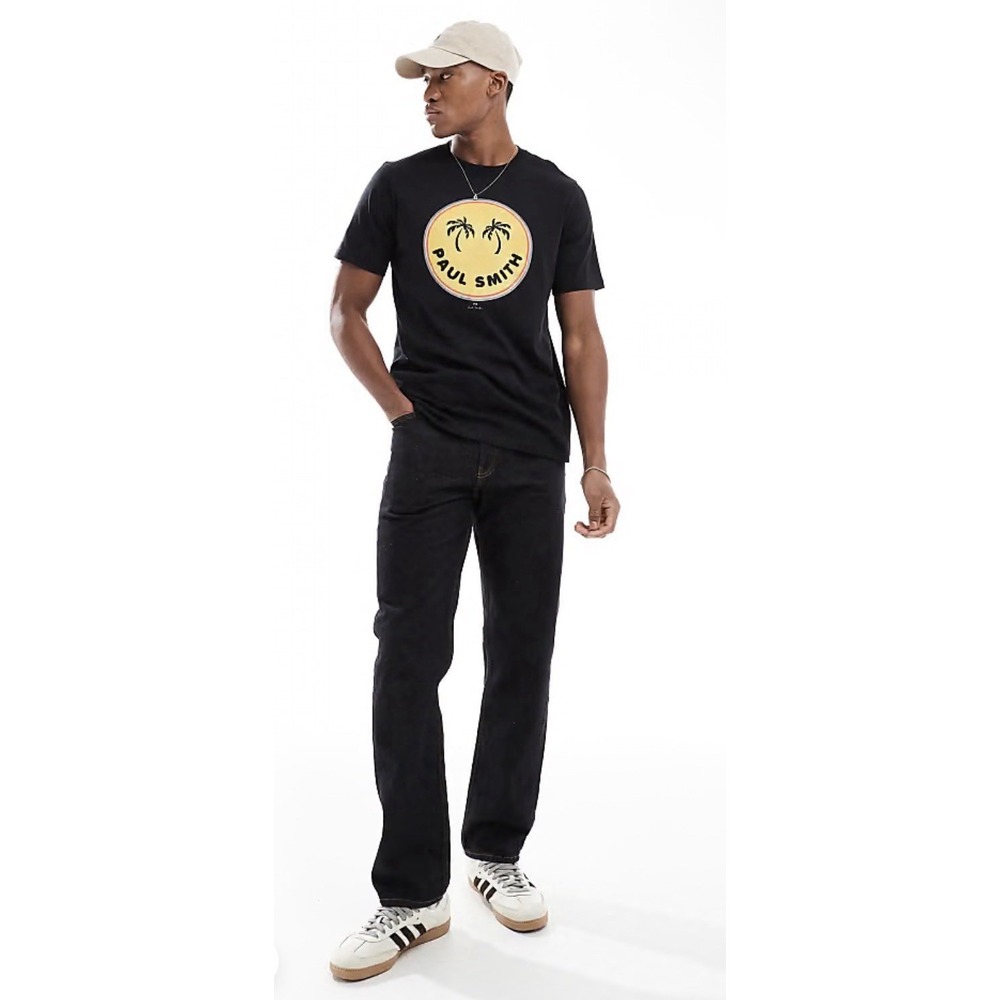 PS Paul Smith Men Size Small Palm Tree Smile Print Logo Cew Neck T-shirt Black